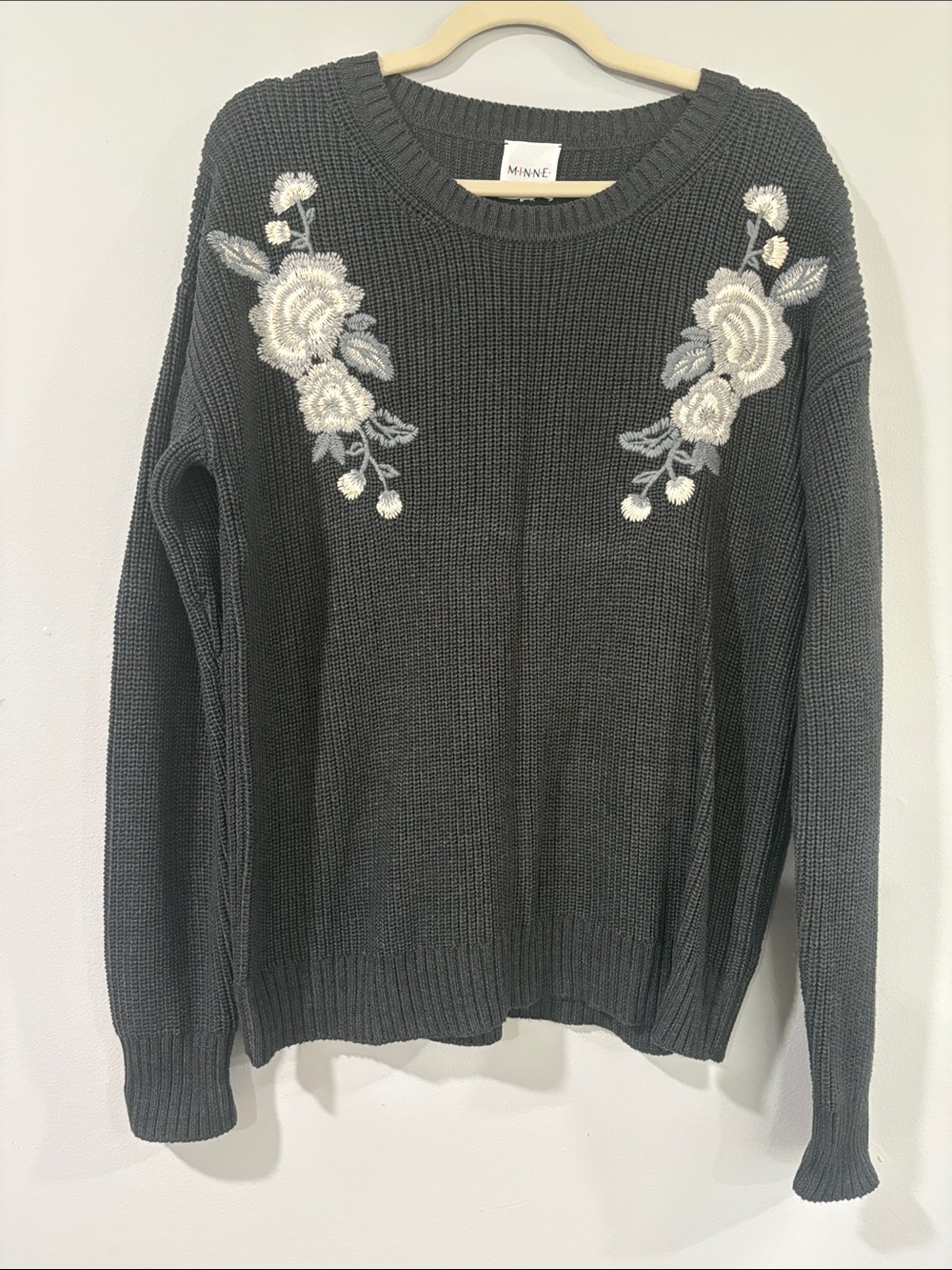 MINNE/ DARK GREY FLORAL EMBROIDERED COTTAGECORE KNITWEAR SWEATER SIZE XL